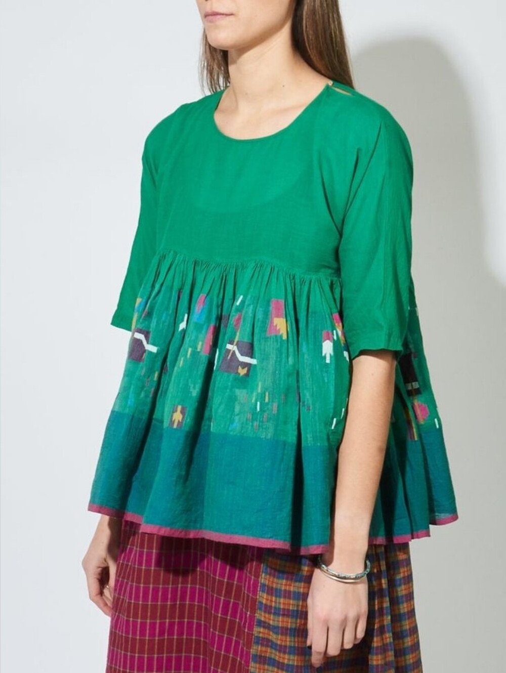 INJIRI Emerald Green Printed Short Sleeve Top Size XS